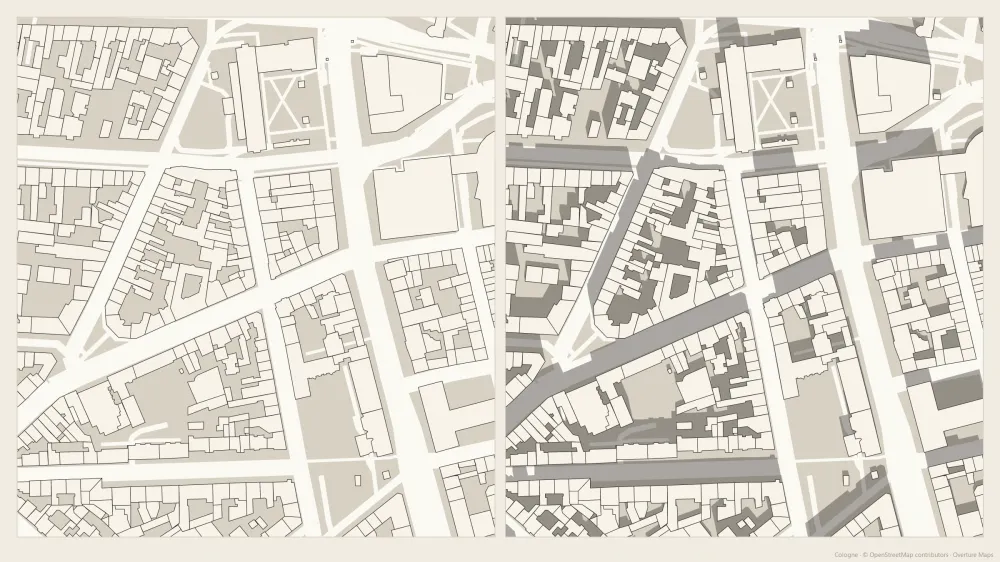 La stessa base cartografica di Colonia senza e con le ombre vettoriali