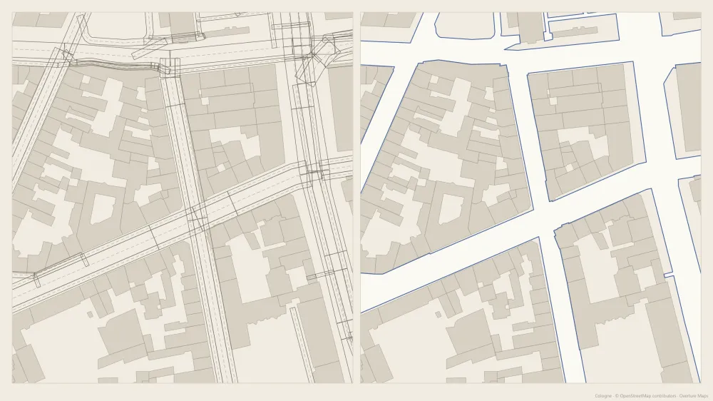 Links: versetzte Straßenlinien, die sich an Kreuzungen überlagern. Rechts: durchgehende Straßenkanten von CAD ATLAS