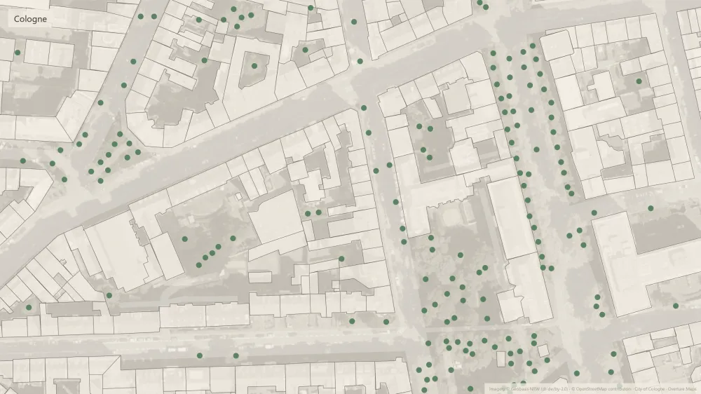 Cologne neighbourhood with every tree marked